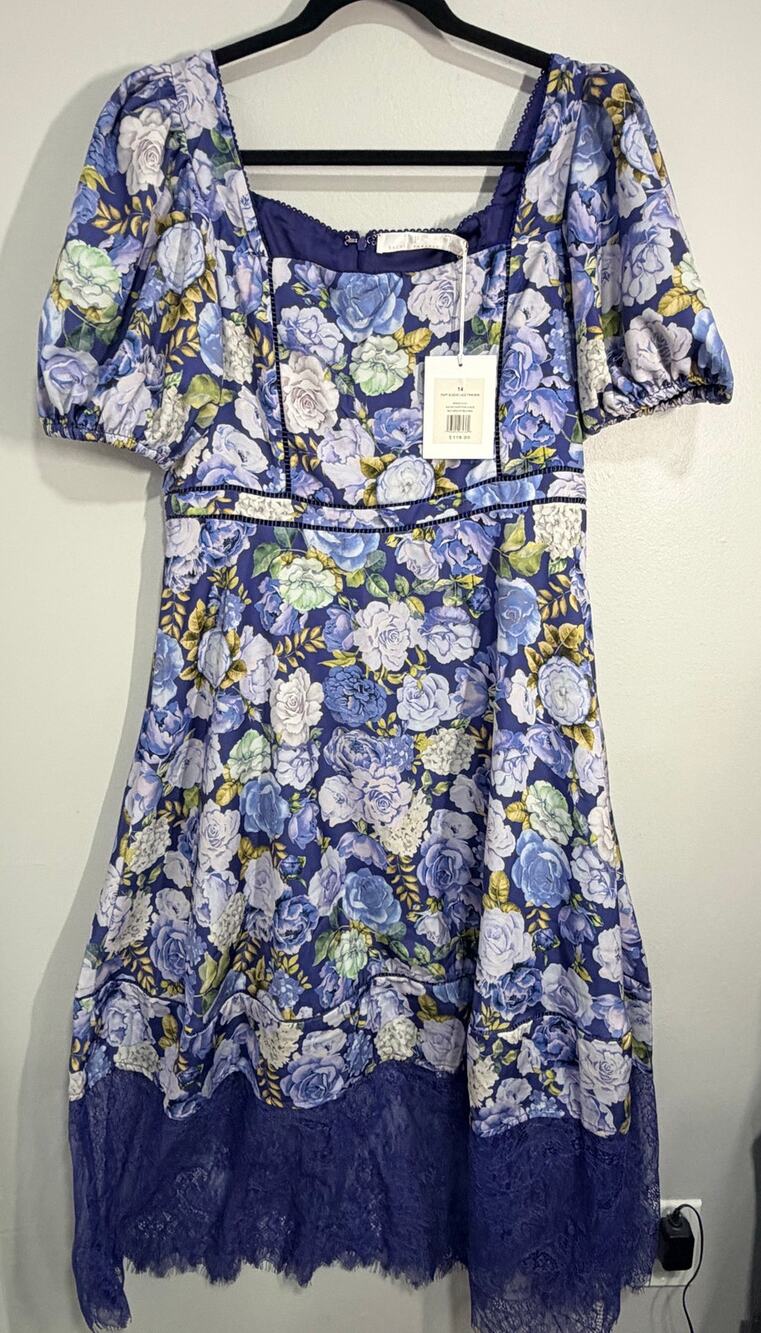 Rachel Parcell Size 8 Blue Floral Puff Sleeve Lace Trim Spring Midi Dress NWT 14
